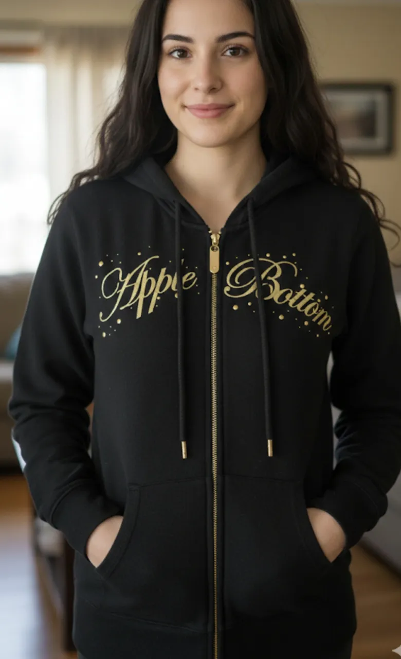 Buzo negro con capucha y cierre completo, con estampa dorada de "Apple Bottom" en el frente. Diseño moderno y canchero, ideal para un look urbano y relajado.