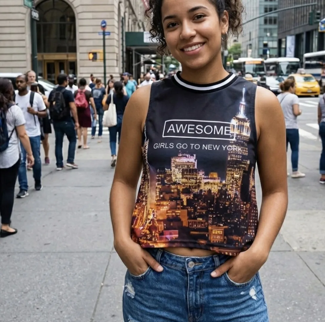Musculosa crop con estampa de la ciudad de Nueva York de noche. "Awesome Girls Go To New York" escrito en blanco. Ideal para un look casual y urbano.