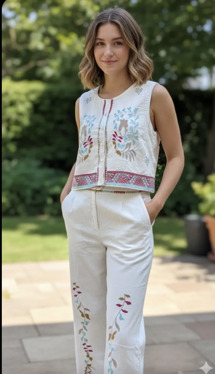 Conjunto de chaleco y pantalón beige. El top es sin mangas, con cuello redondo y botones al frente. Tiene bordados florales en tonos celestes, rosas y marrones. El pantalón es recto, con bolsillos laterales y también tiene bordados florales en las piernas. El chaleco es L, y el pantalón M.