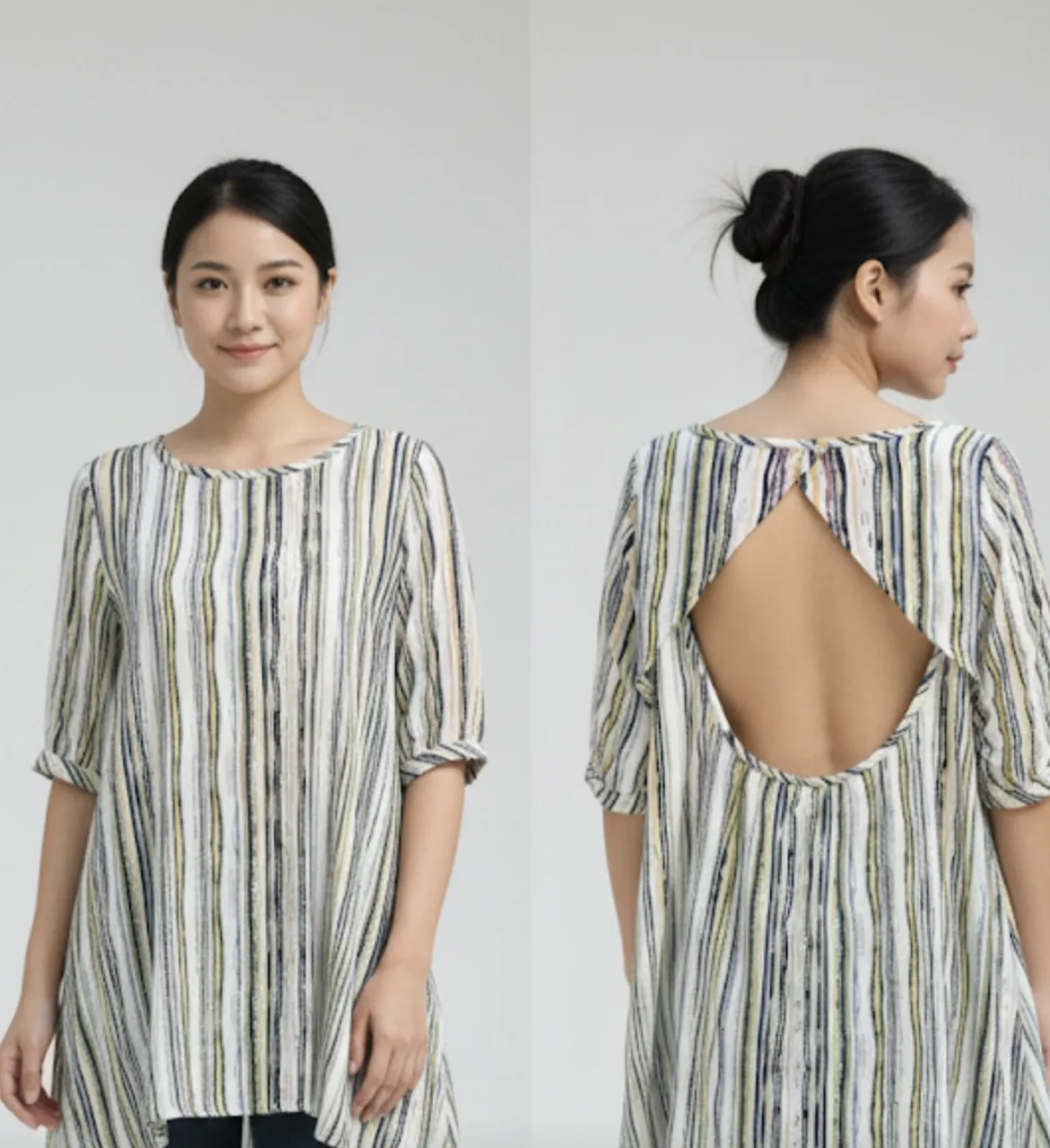 Blusa  estampada con rayas verticales en blanco, negro, verde, amarillo y azul. Posee un diseño de espalda descubierta con un corte en forma de rombo. Ideal para un look casual y fresco.