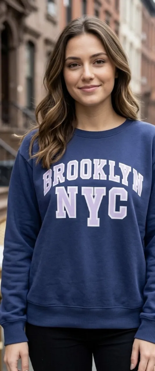Buzo azul marino con estampa "BROOKLYN NYC" en blanco y lila. Ideal para un look casual y urbano.