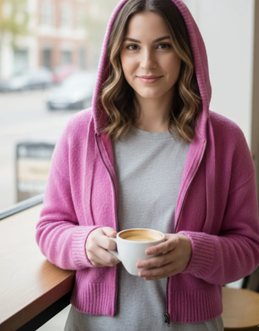 Buzo crop de lana con capucha y cierre completo. Ideal para un look casual y cómodo.