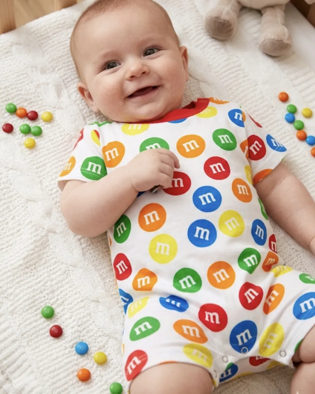Enterito de bebé súper tierno y divertido con estampa de M&M's de colores. Ideal para los días de calor o para estar cómodo en casa. ¡Un must-have para los más chiquitos!