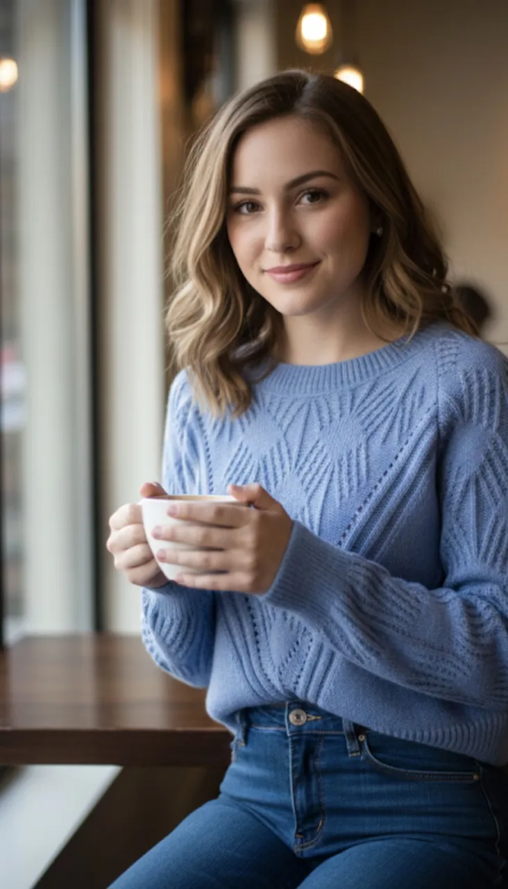 Sweater tejido de lanilla en color azul cielo, con un diseño de rombos y líneas en relieve en el frente. Es un modelo crop, ideal para un look casual y moderno. Perfecto para combinar con jeans o pantalones tiro alto.