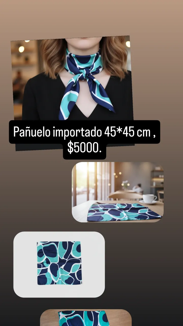 Pañuelo importado con un diseño abstracto en tonos azul marino, celeste y blanco. Ideal para darle un toque de estilo a tu look.