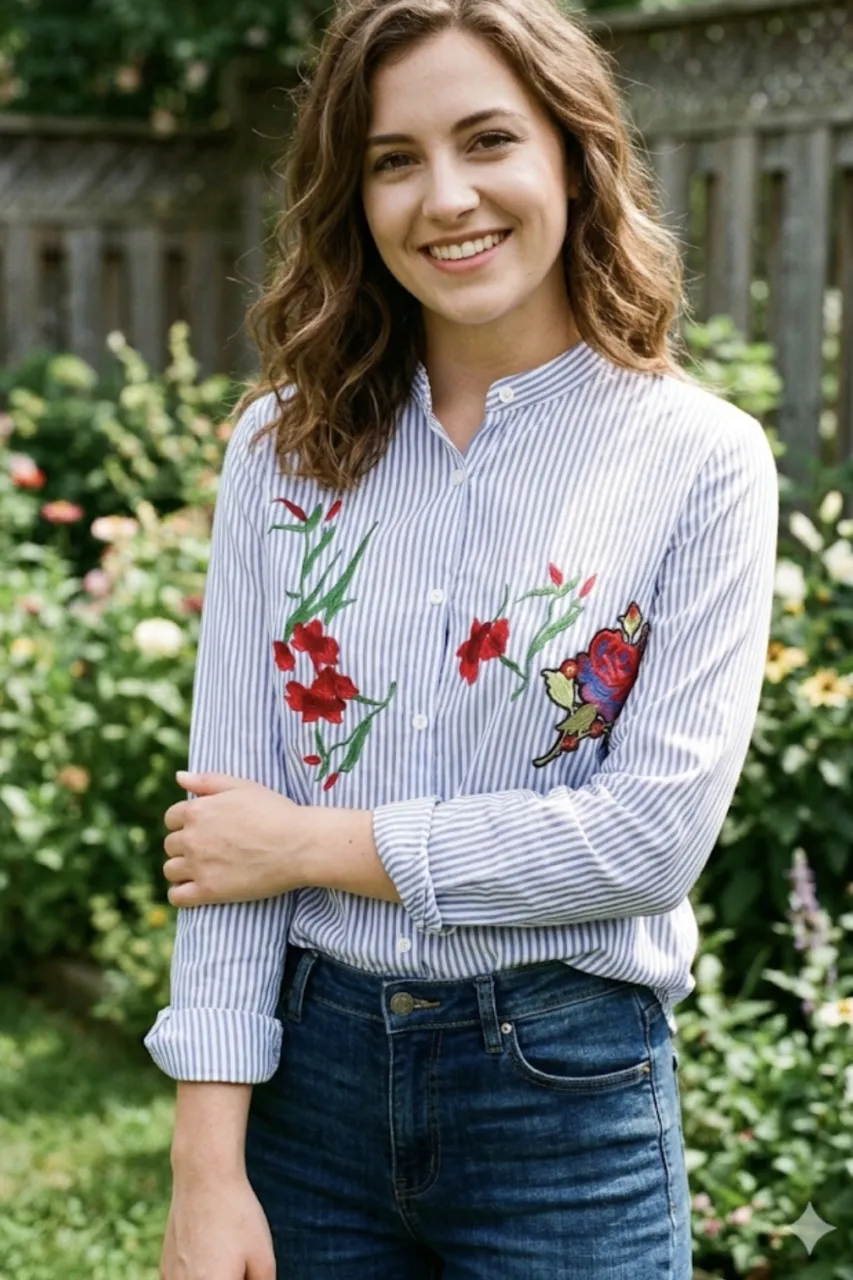 Camisa a rayas celestes y blancas con bordado de flores rojas y verdes. Manga larga y cuello mao. Ideal para un look casual y fresco.Medida de sisa a sisa 42 cm largo 75 cm.