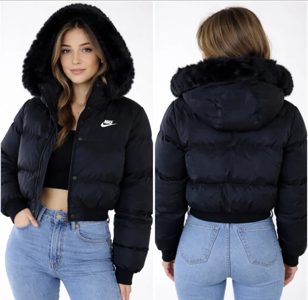 Campera negra corta acolchada con capucha de piel sintética. Cierre al frente y logo de la marca en el pecho.