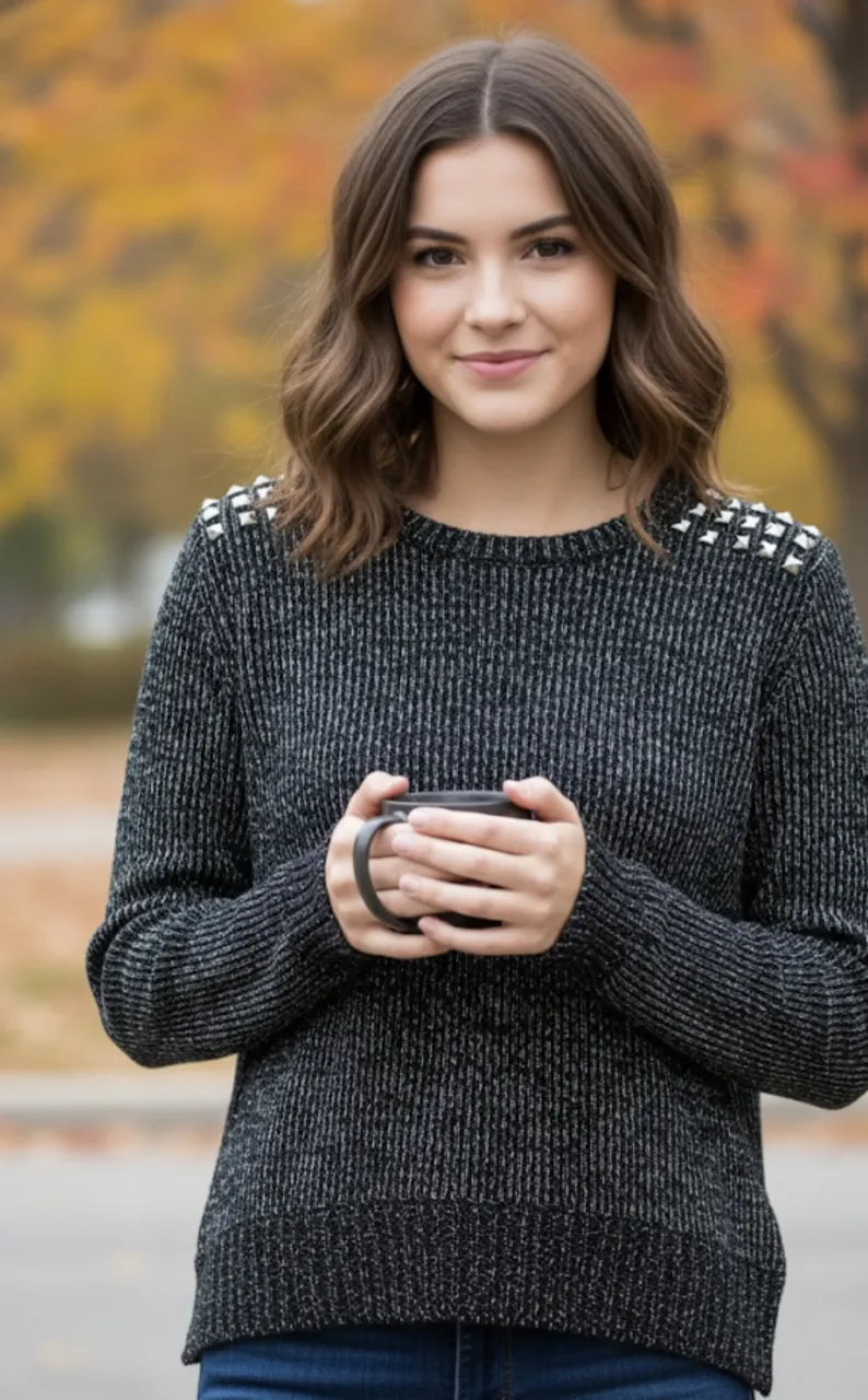 Sweater tejido de mujer con detalles metálicos en los hombros y botones en la espalda. Ideal para un look casual y moderno. Chile.