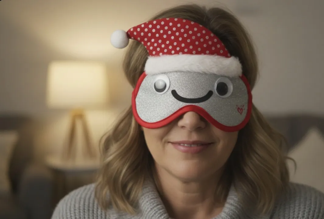 Antifaz de ojos con diseño navideño, ideal para regalar en las fiestas o para usar en casa. Tiene un gorrito de Papá Noel y carita feliz con ojos saltones. ¡Dale un toque divertido a tus noches!