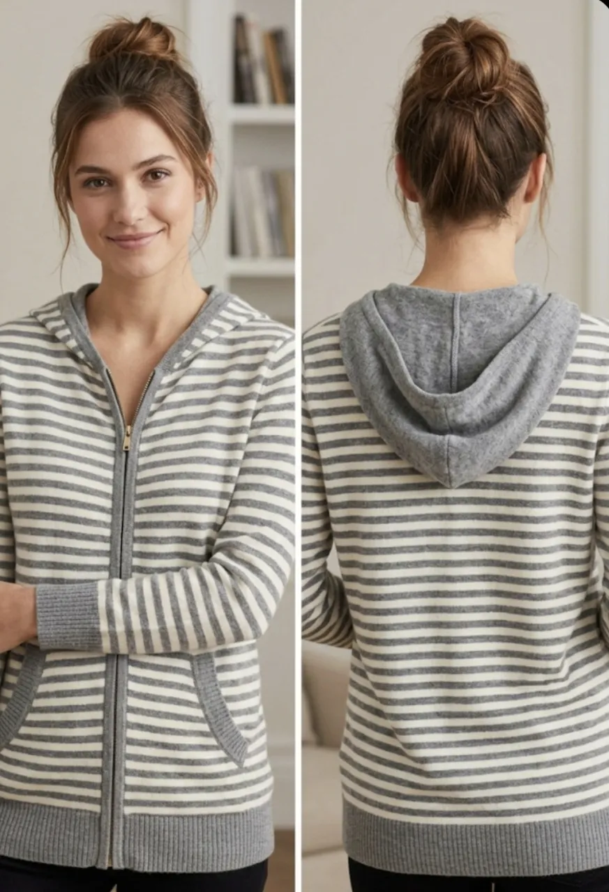 Buzo de friza a rayas grises y blancas, con capucha y cierre completo. Tiene bolsillos al frente y puños y cintura tejidos. Ideal para un look casual y cómodo. Impecable.