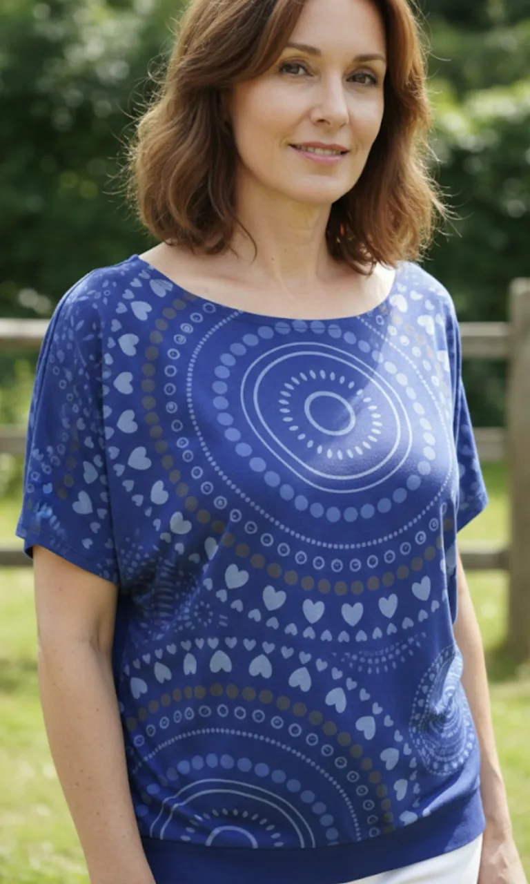 Remera azul vibrante con estampa de círculos concéntricos y corazones en tonos de azul y gris. Diseño original y llamativo, ideal para un look casual y moderno. Cuello redondo y mangas cortas.