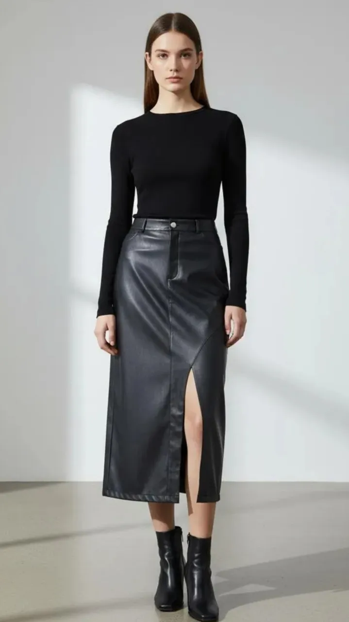 Pollera de cuero negra, tiro alto, con tajos asimétricos y detalles de bolsillos. Un diseño moderno y audaz, ideal para looks cancheros y sofisticados.