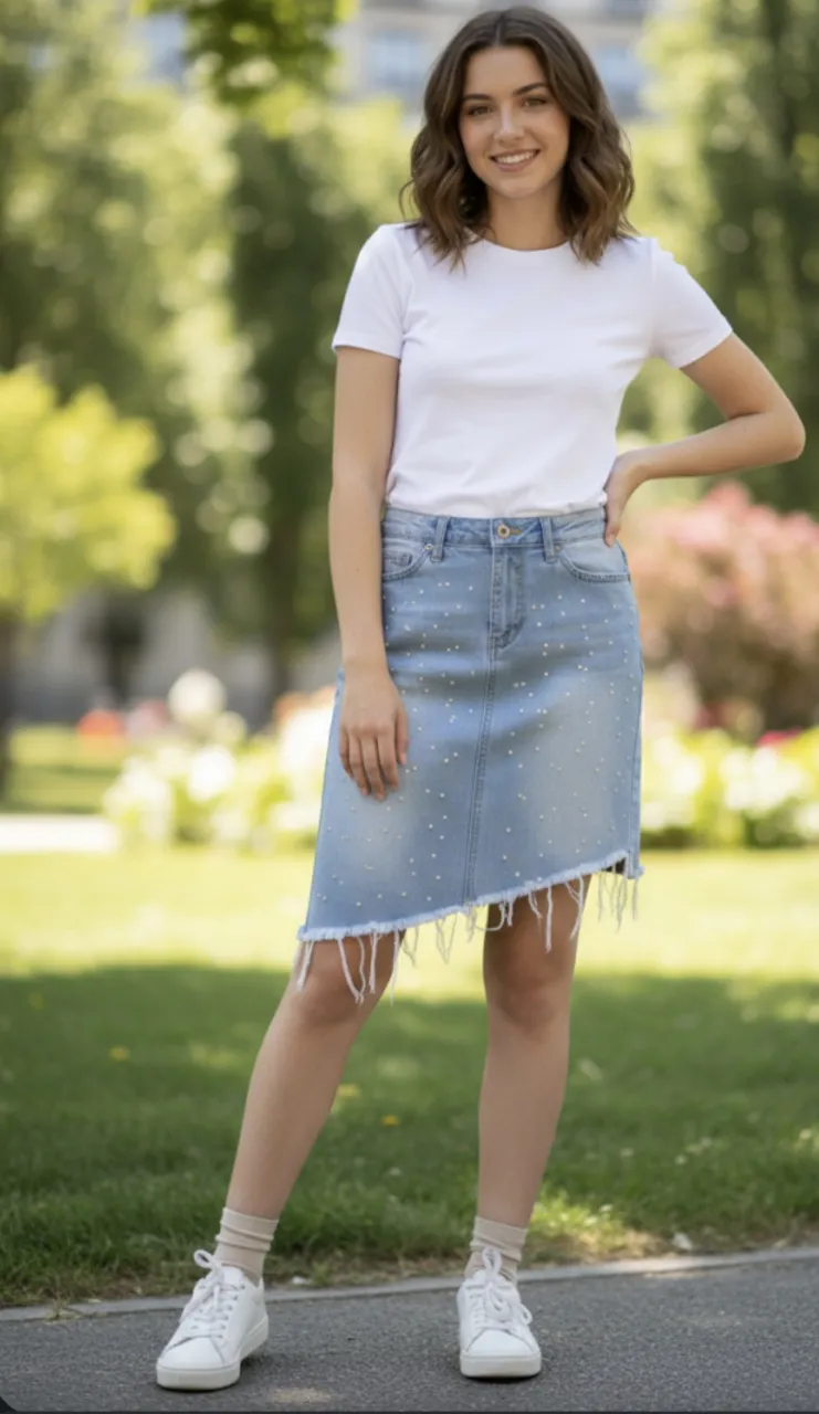 Pollera de jean tiro alto con roturas y detalles de strass. Un diseño moderno y canchero, ideal para looks urbanos y descontracturados.