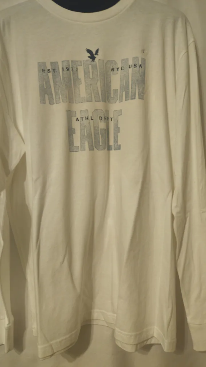 Remera manga larga blanca de hombre, con estampado "American Eagle" en el frente. Talle L, corte estándar, ideal para un look casual.