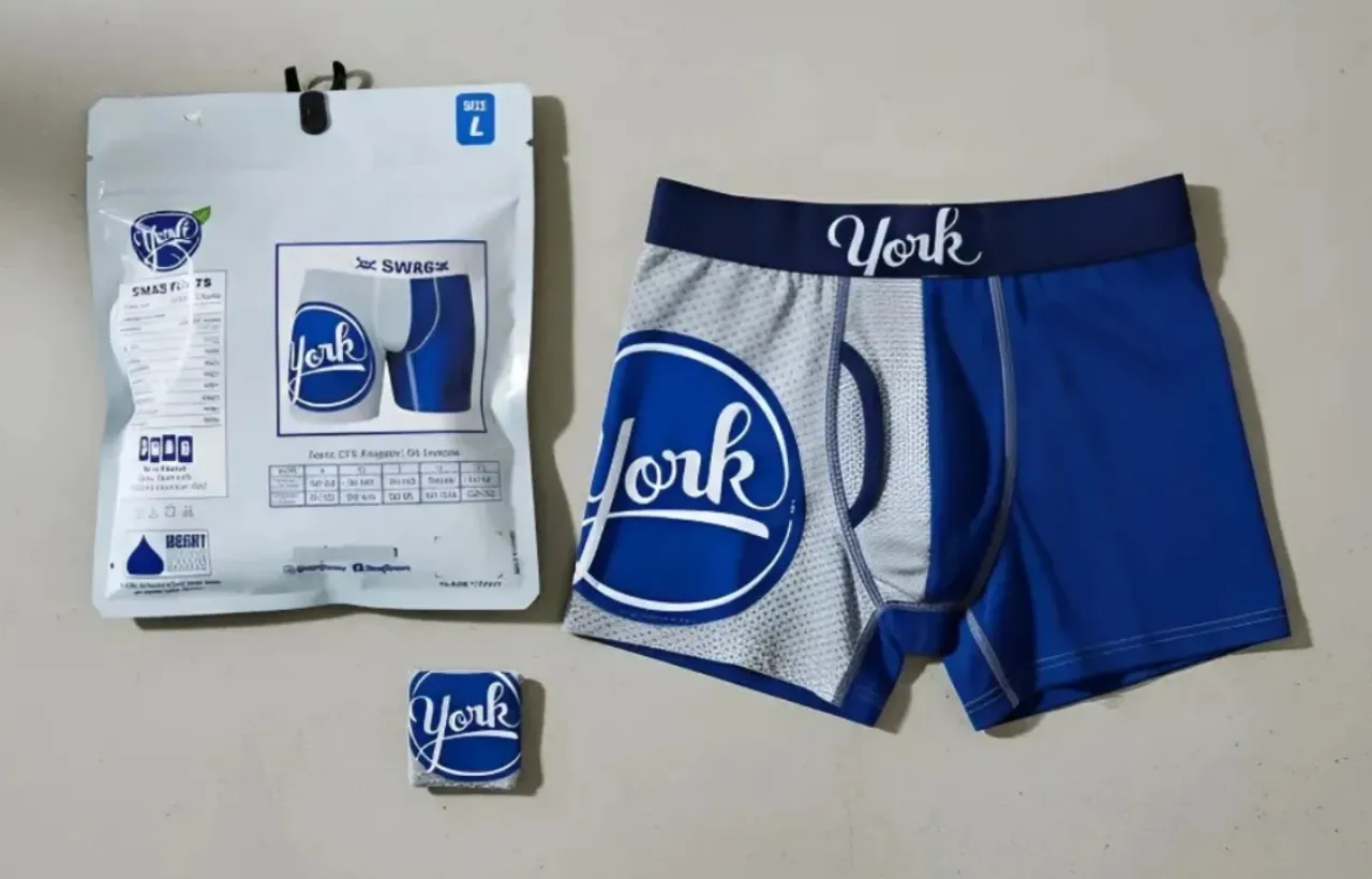 Boxer de hombre con elástico blanco en la cintura con el logo 'York' bordado en azul. La parte delantera y trasera del boxer son de color azul, con un panel lateral gris con un gran logo circular azul de 'York'. Talle L.