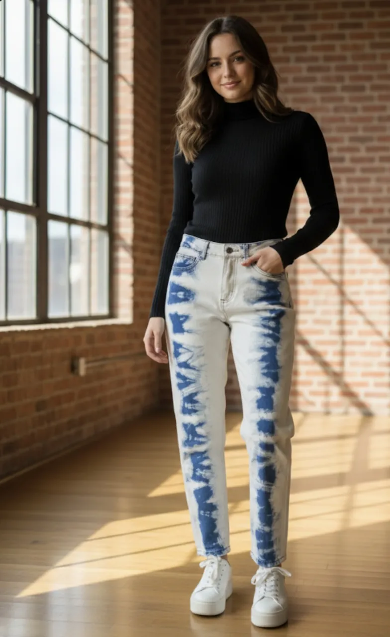 Jeans tiro alto con estampa tie dye en blanco y azul. Un básico canchero para tu día a día.