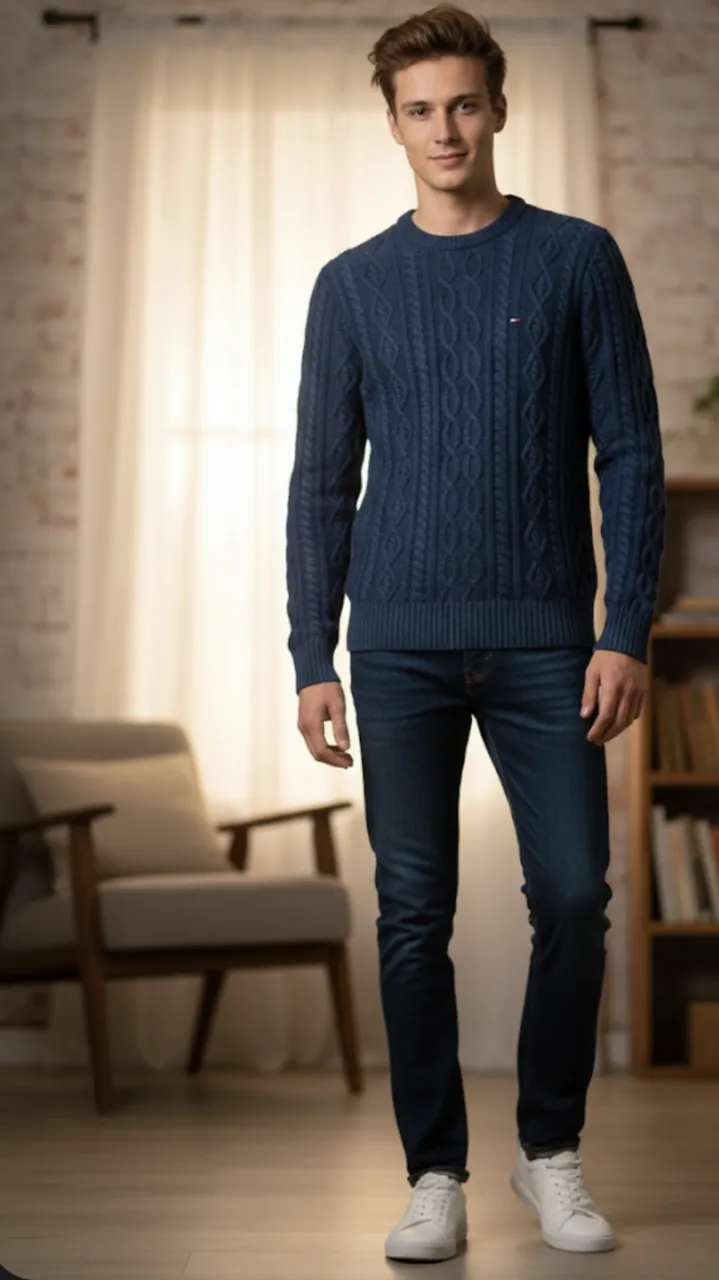 Pulóver de lana azul marino con trenzas, ideal para un look casual y abrigado. Perfecto para los días frescos de otoño o invierno.