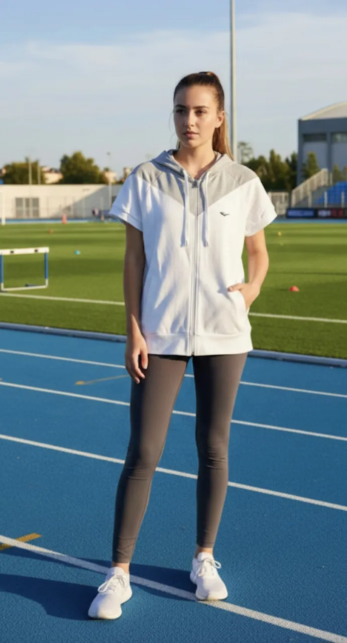 Buzo deportivo blanco y gris con capucha y cierre completo. Diseño moderno con detalles en gris que forman un chevron en el frente y en los hombros. Ideal para entrenamientos o para un look casual y cómodo.