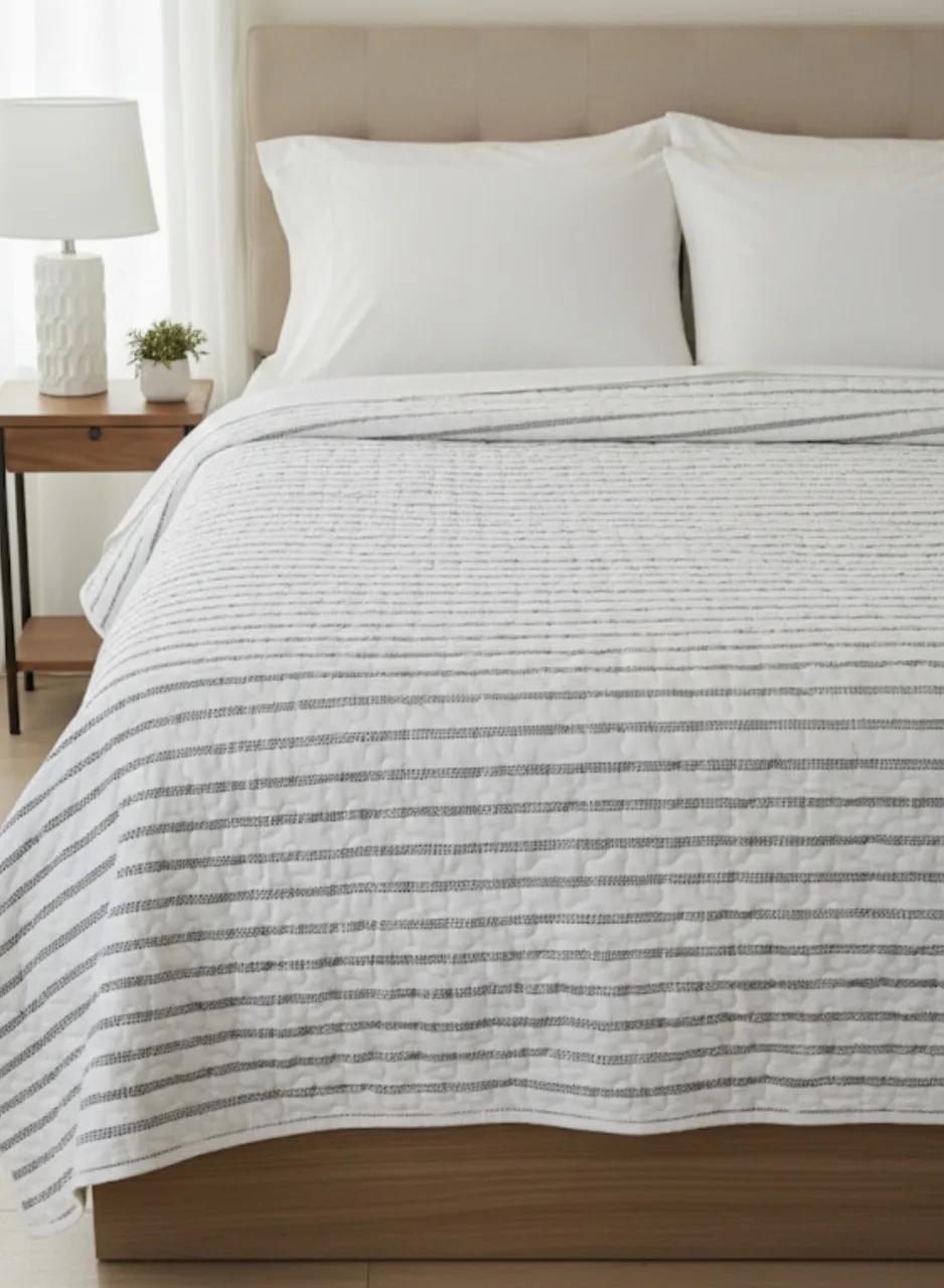 Acolchado reversible con diseño de rombos por un lado y rayas por el otro. Ideal para darle un toque moderno y versátil a tu cama.