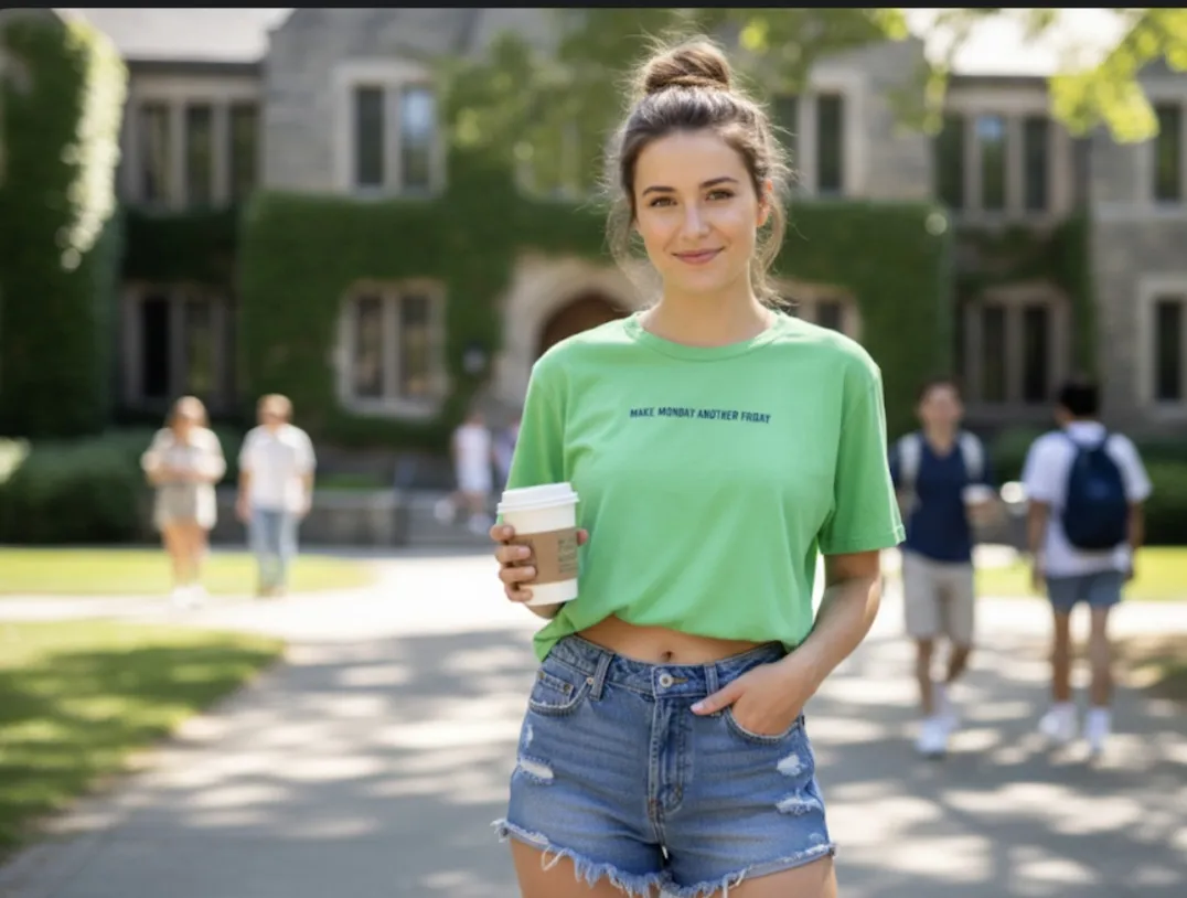 Remera verde vibrante con estampa "MAKE MONDAY ANOTHER FRIDAY" en azul. Es un modelo crop, ideal para un look canchero y relajado. Perfecta para combinar con jeans o shorts.