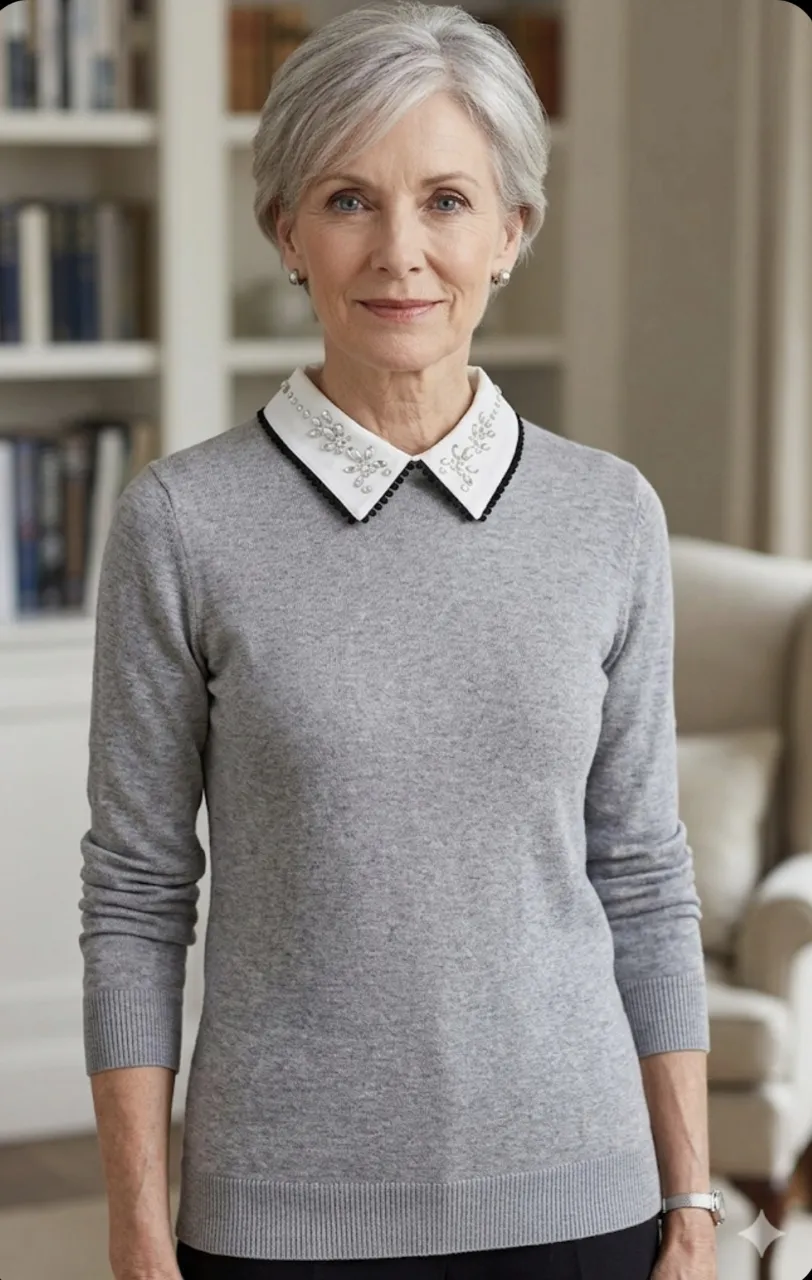 Sweater gris de manga larga con cuello redondo y cuello blanco con detalles de pedrería y borde negro.