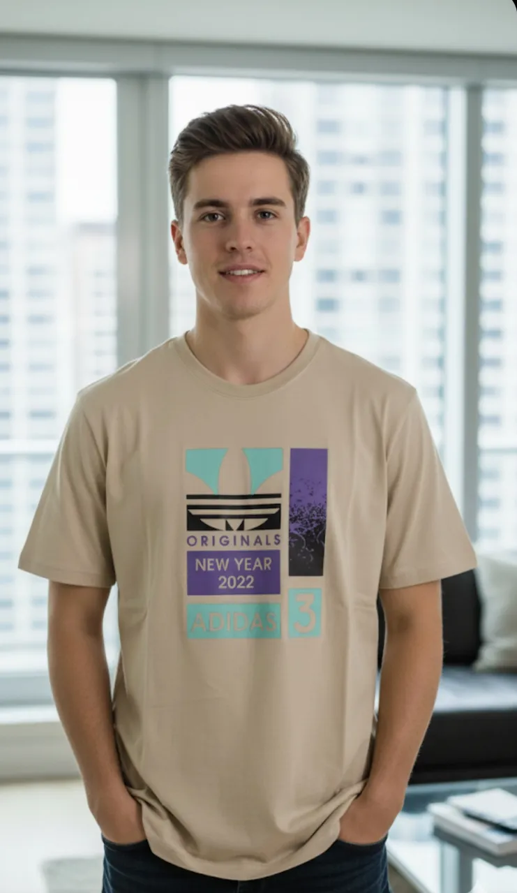 Remera de manga corta color beige con estampa frontal "ADIDAS ORIGINALS NEW YEAR 2022".