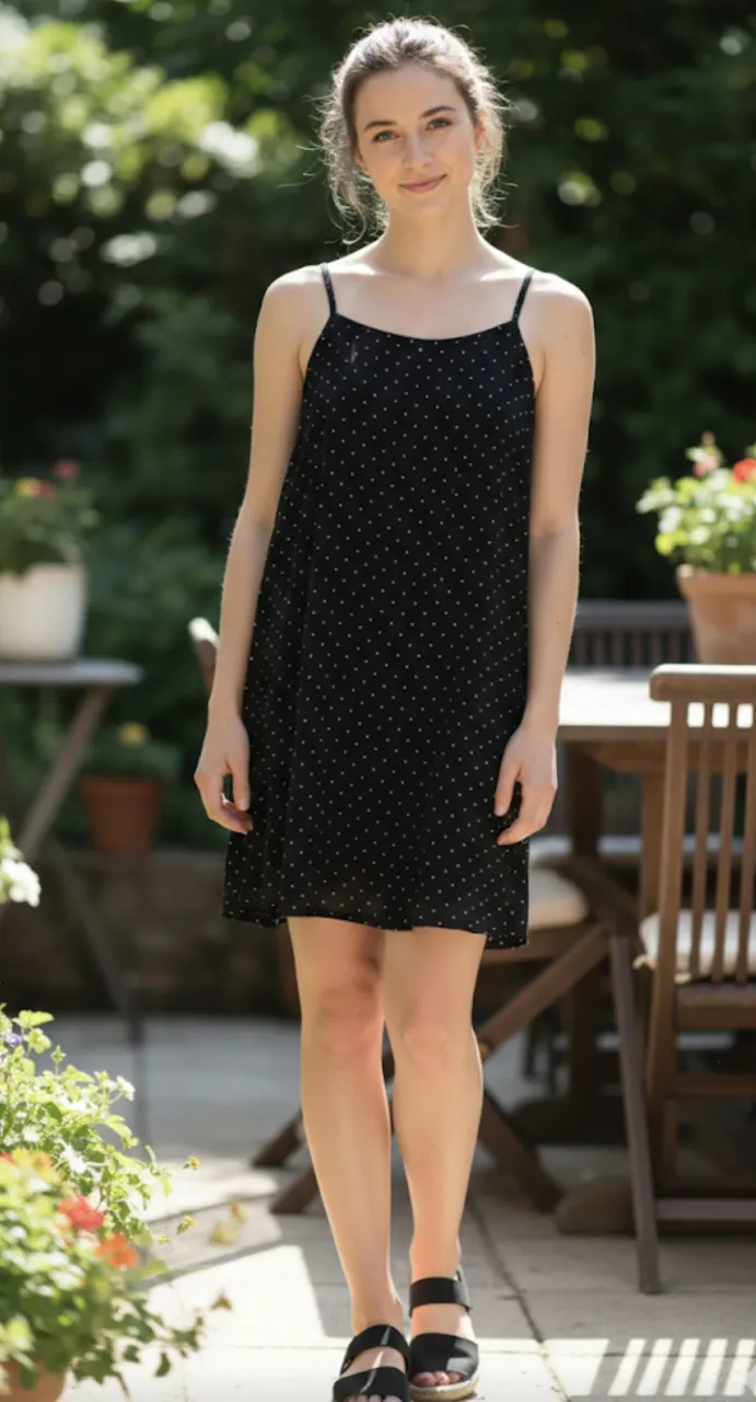 Vestido negro corto con lunares blancos, ideal para un look casual y fresco. Perfecto para el verano o una salida informal.