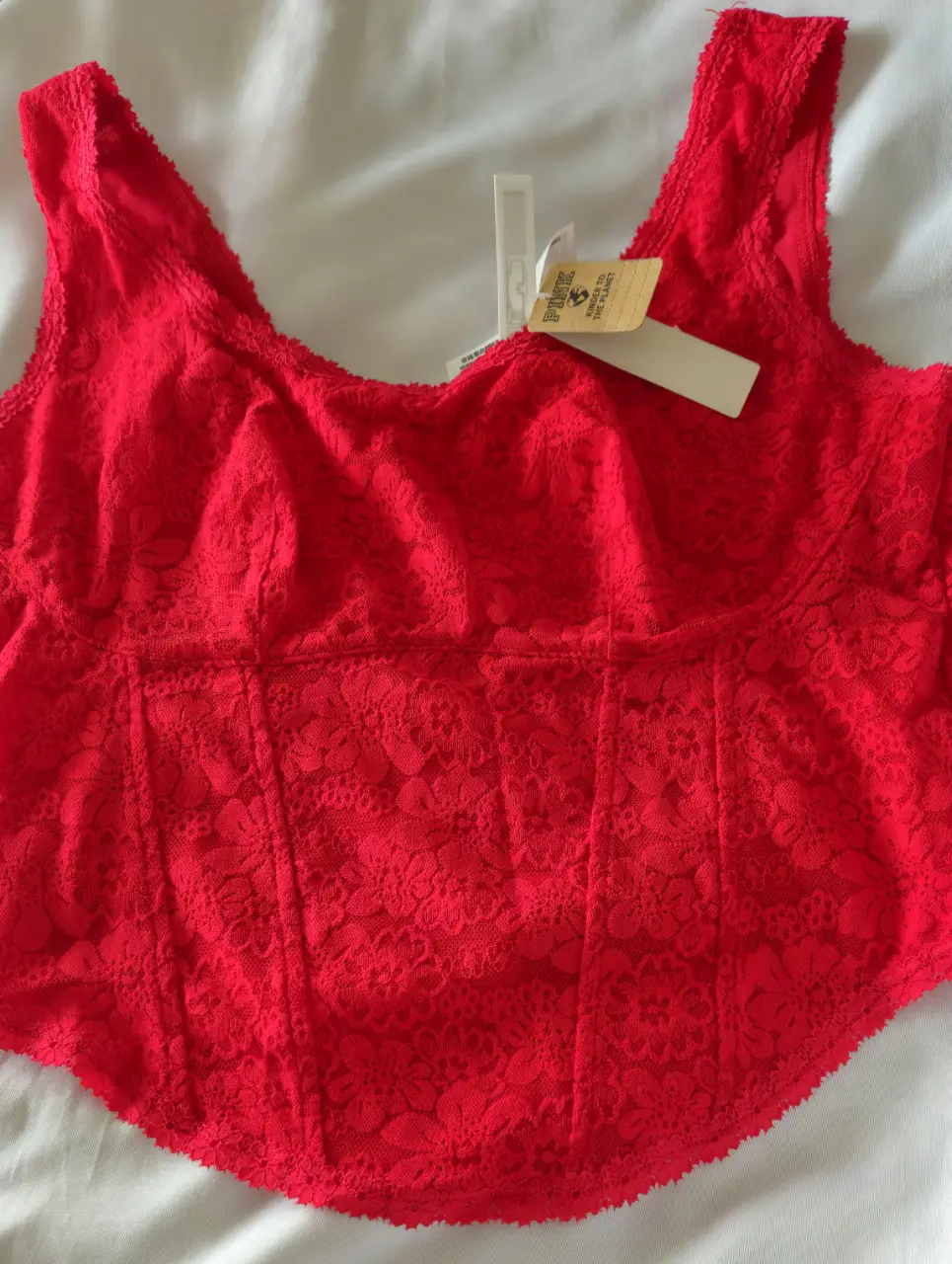 Conjunto de lencería de encaje rojo, ideal para una ocasión especial. Diseño delicado y femenino.