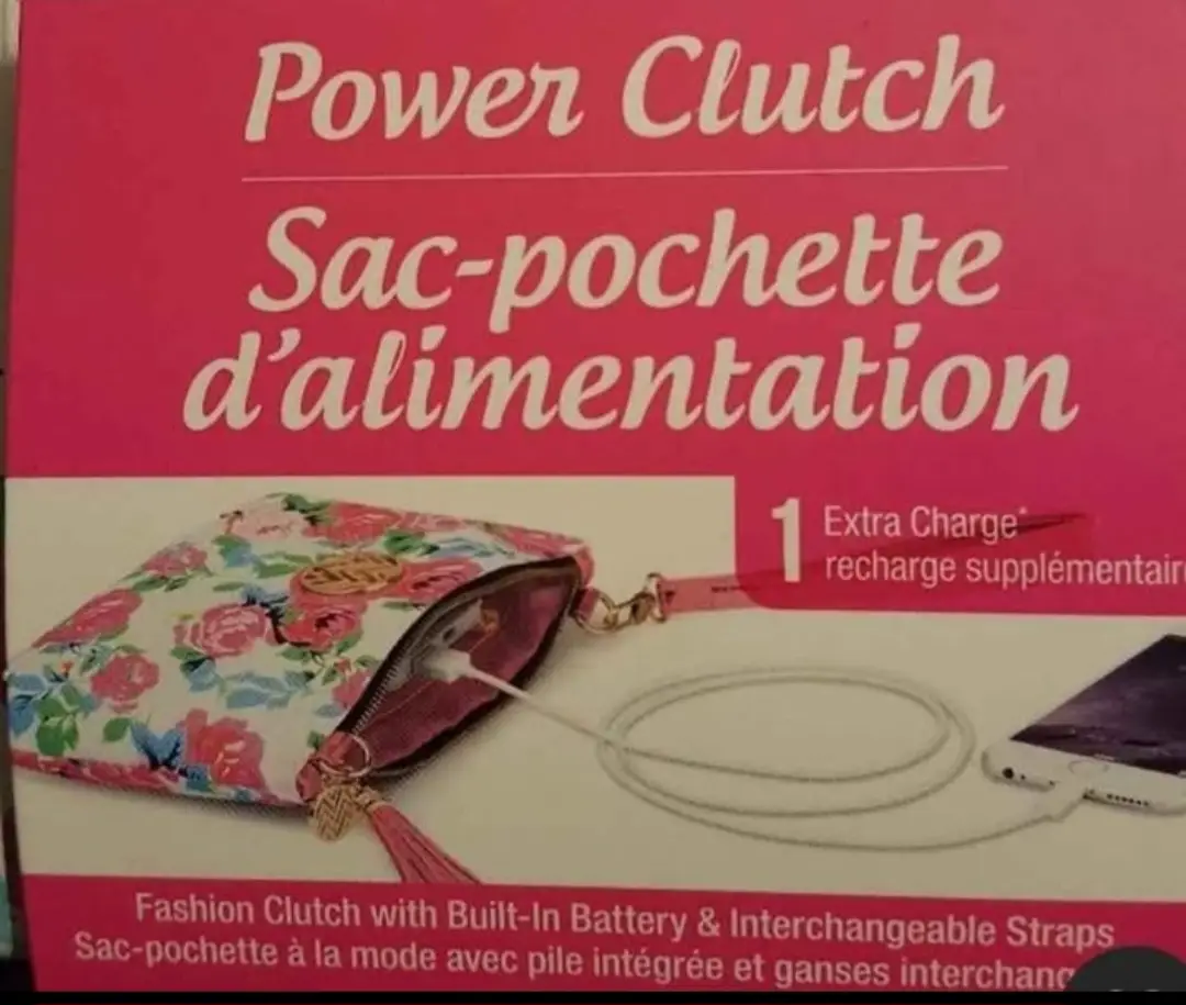 Cartera Power Clutch con diseño floral, con batería incorporada y correas intercambiables. Incluye cable para cargar el celular.