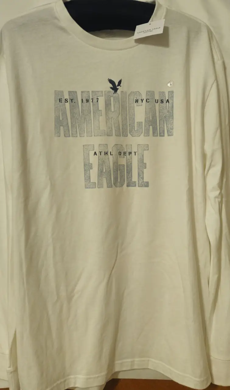 Remera manga larga blanca de hombre con estampado "American Eagle" en el frente. Cuello redondo con detalle en azul marino. Ideal para un look casual y cómodo.