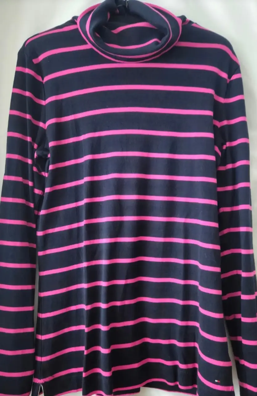 Remera manga larga de mujer con cuello alto a rayas horizontales en color azul marino y rosa. Ideal para un look casual y cómodo.