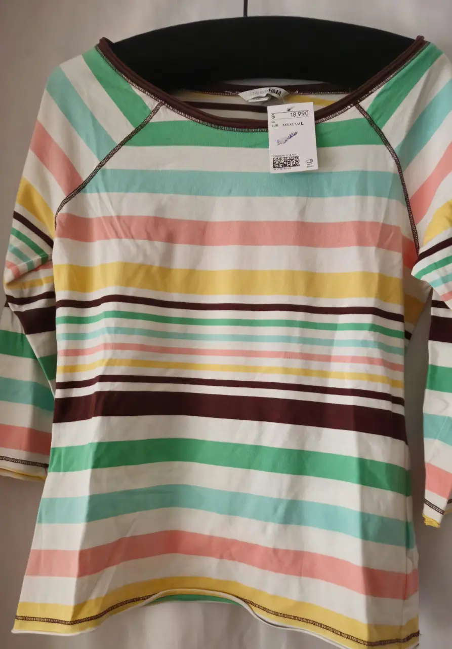 Remera de manga larga a rayas horizontales en tonos pastel. Cuello redondo con detalle en marrón. Ideal para un look casual y cómodo.