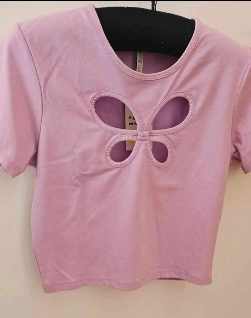 Remera crop de color rosa con diseño de mariposa en el frente. Ideal para un look moderno y fresco.