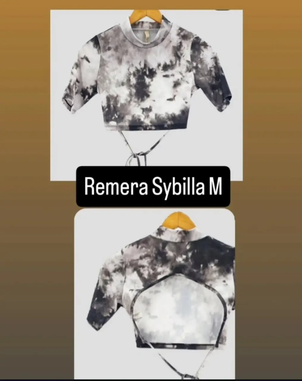 Remera crop con estampado tie dye en tonos grises y negros. Cuello alto y espalda descubierta con tiras para atar. Ideal para un look moderno y canchero.