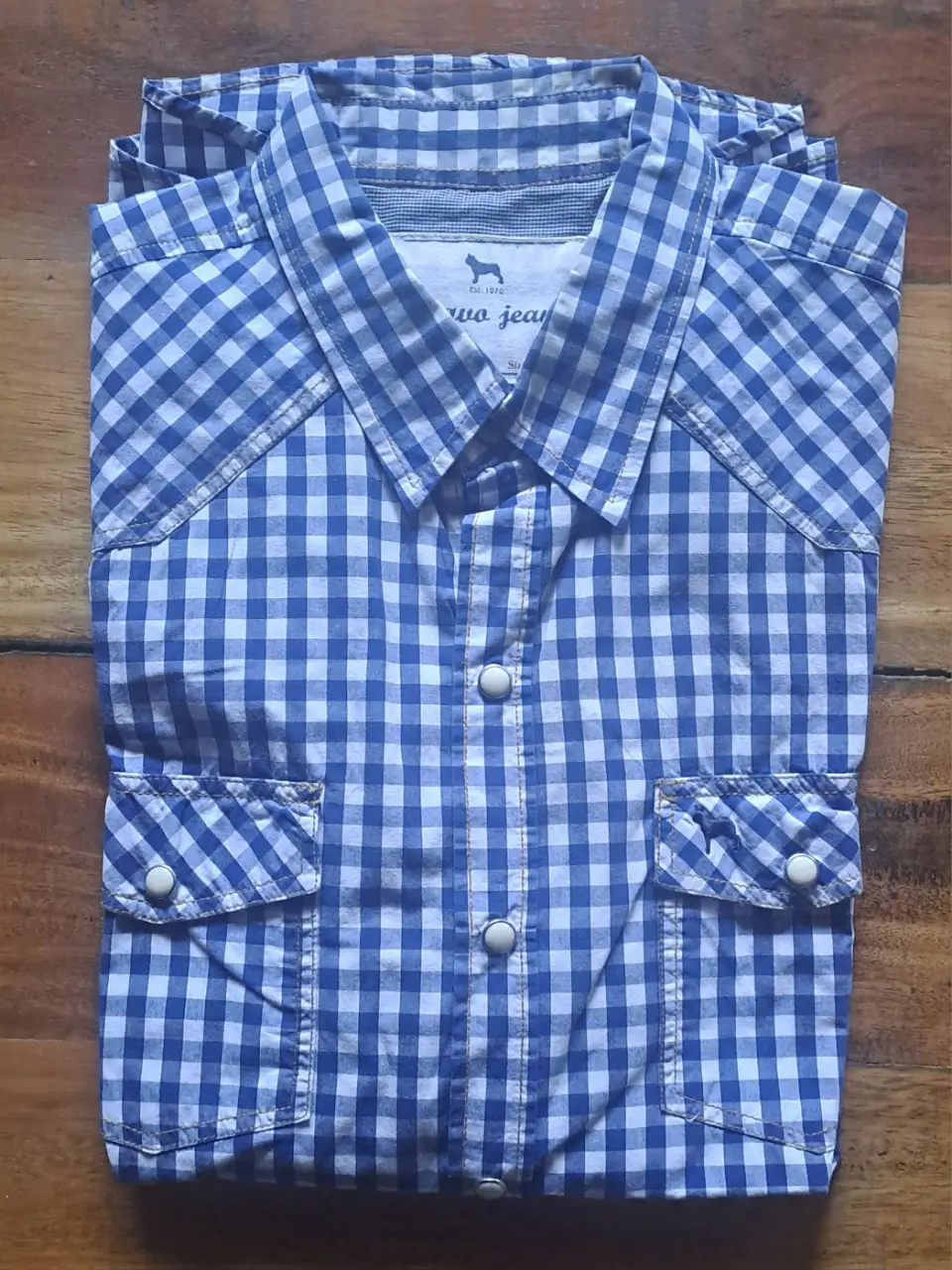 Camisa a cuadros azul y blanca para hombre, con dos bolsillos delanteros y botones. Ideal para un look casual y moderno.