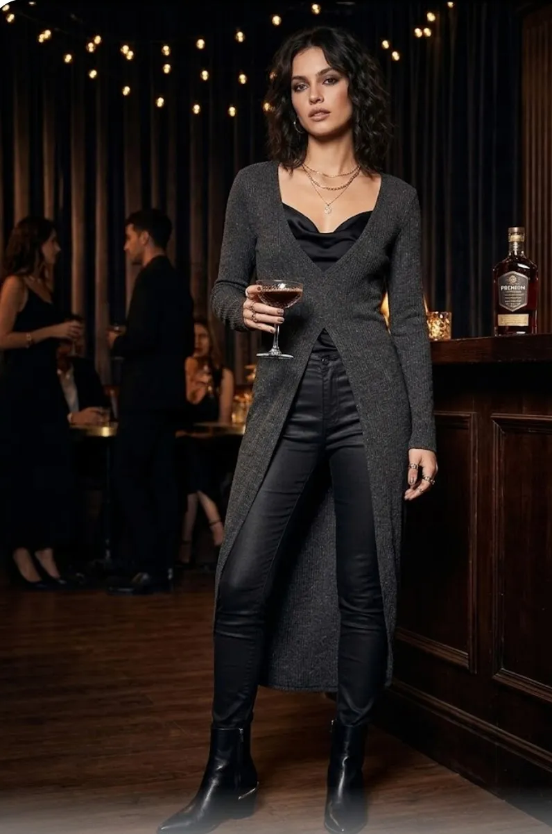 Cardigan largo gris con escote en V profundo y tajos laterales. Mangas largas. es talle S/M. el color es gris topo. cómo el de la primera y segunda foto. 