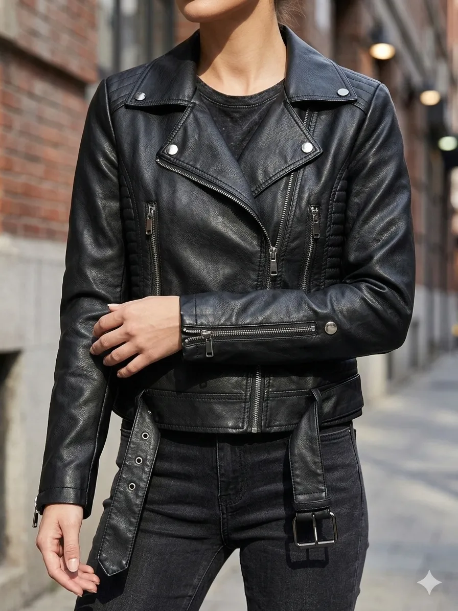 Campera de cuero negra, estilo biker, con detalles de cierres y cinto. Ideal para un look canchero y moderno.