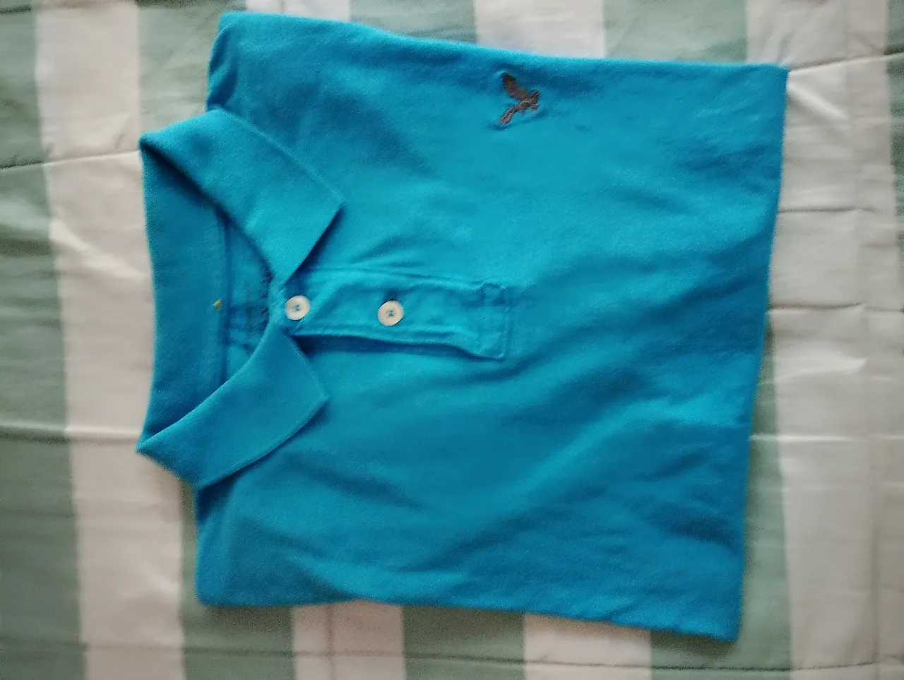 Remera polo azul de manga corta con un pequeño bordado de águila en el pecho. Ideal para un look casual y cómodo.