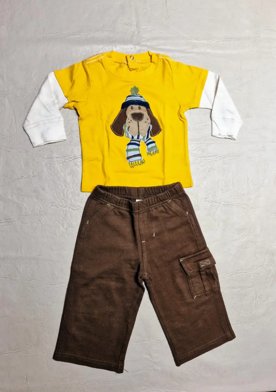 Conjunto de niño, remera de mangas largas,  amarilla con mangas  blancas y estampado de perro con gorro y bufanda. Pantalón marrón tipo cargo.