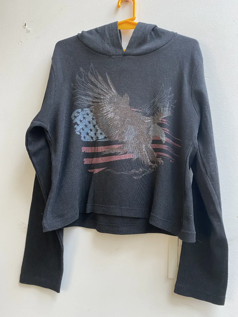 Buzo canguro negro con capucha y estampado de águila con la bandera de Estados Unidos. Ideal para un look casual y canchero. Media estación. Marca 47 Street. Talle S