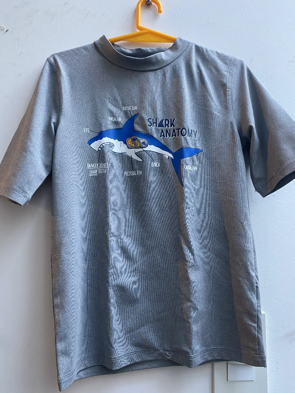 Remera deportiva para niño con estampado de anatomía de tiburón. Cuello alto y manga corta. Ideal para actividades acuáticas o uso casual. con filtro solar