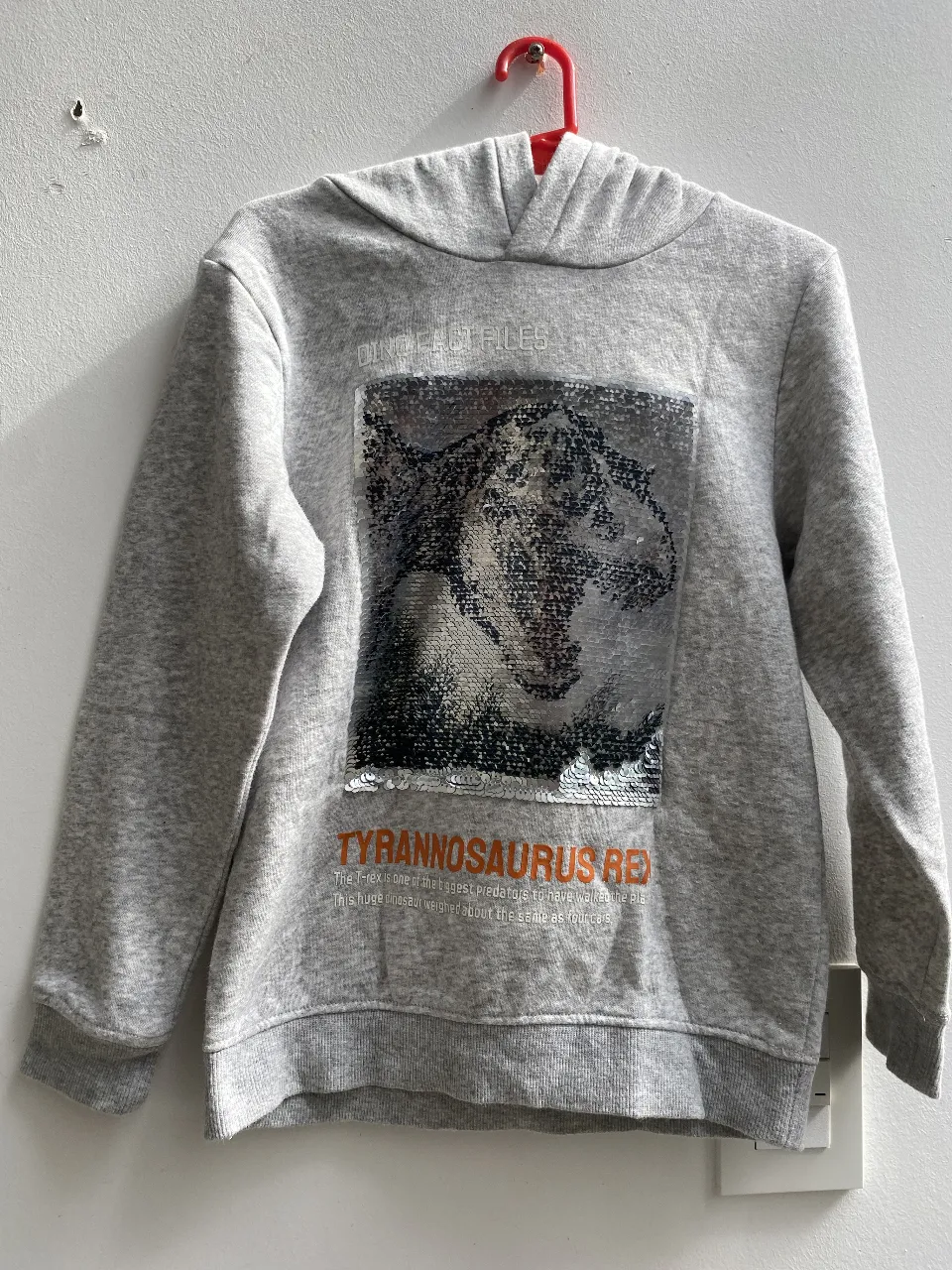Buzo con capucha gris para niño, con estampado de dinosaurio con lentejuelas reversibles. Marca H&M. Ideal para un look casual y abrigado. talle 6/8