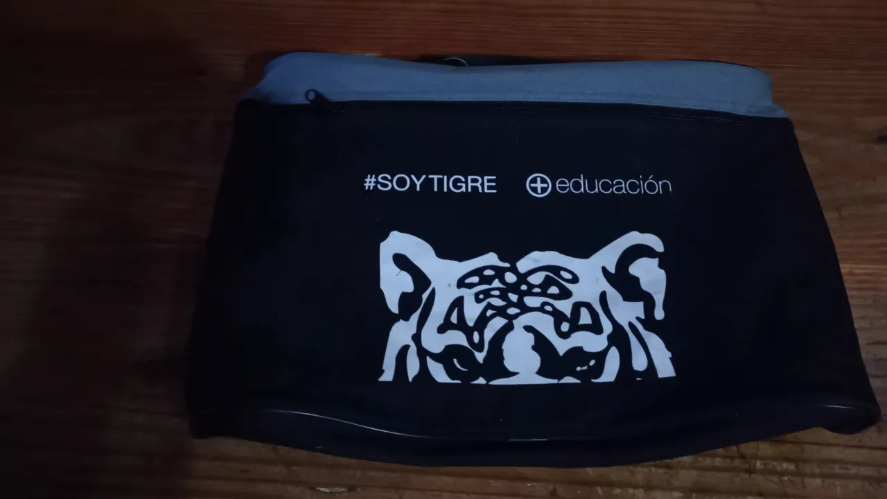 Bolso negro porta notebook con detalles en gris, ideal para llevar tus cosas con estilo. Cuenta con el logo de #SOYTIGRE y educación.