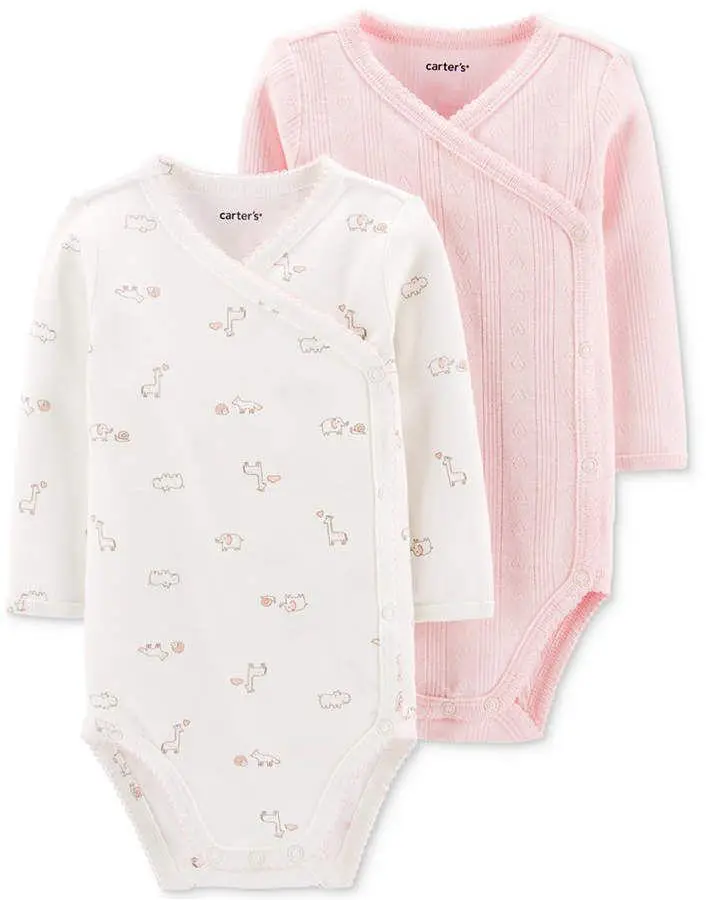 Conjunto de bodies para bebé, manga larga, con estampado de animalitos y cierre cruzado. Ideal para recién nacidos.