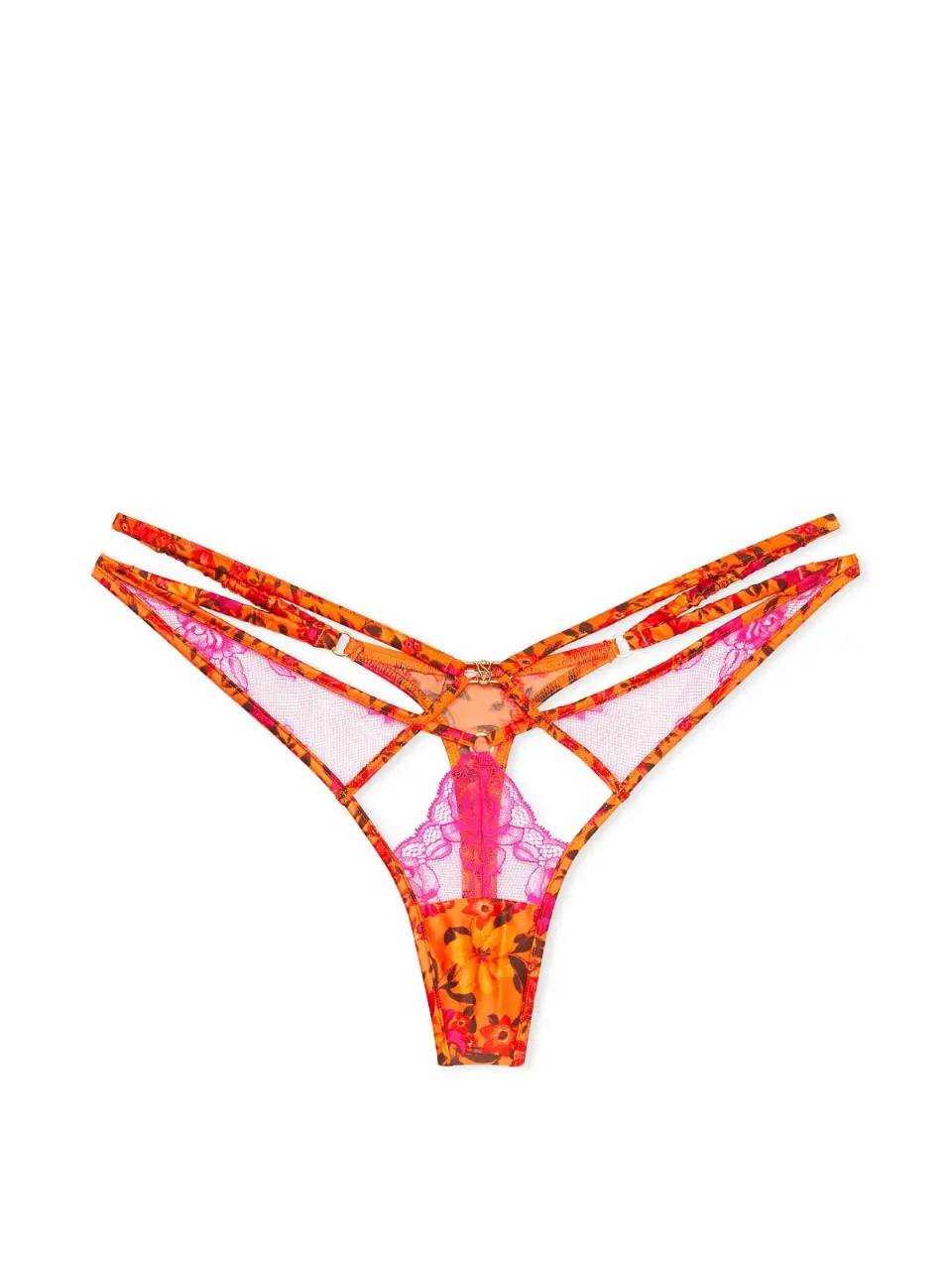 Bombacha de corte tanga con diseño floral en tonos naranja y rosa. Cuenta con detalles de encaje y tiras ajustables.