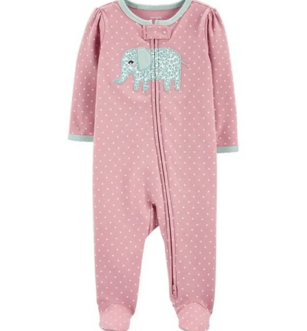 Pijama entero de bebé, color rosa con estampado de elefante y lunares. Cierre frontal para facilitar el cambio de pañales.