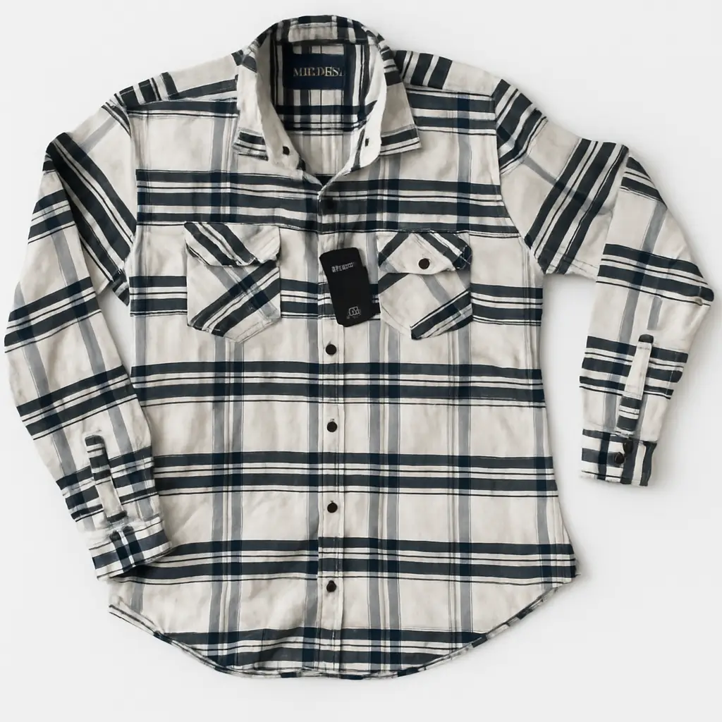 Camisa a cuadros en blanco y negro, de manga larga, con dos bolsillos delanteros y etiqueta de la marca. Ideal para un look casual y moderno.