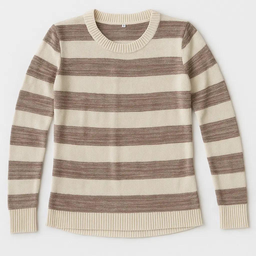 Sweater a rayas horizontales en tonos crudo y marrón. Ideal para un look casual y cómodo.