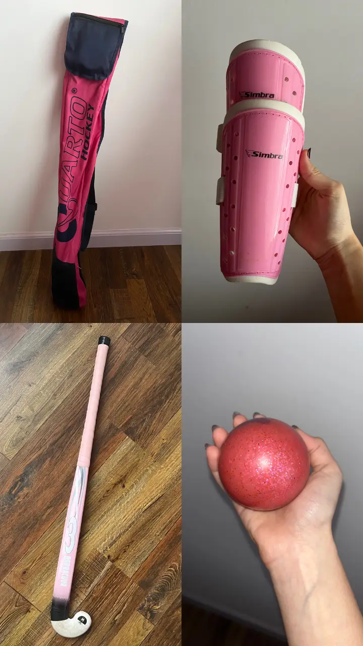 Set de accesorios de hockey sobre césped, que incluye una funda, el palo, canilleras y una bocha. Ideal para practicar este deporte.