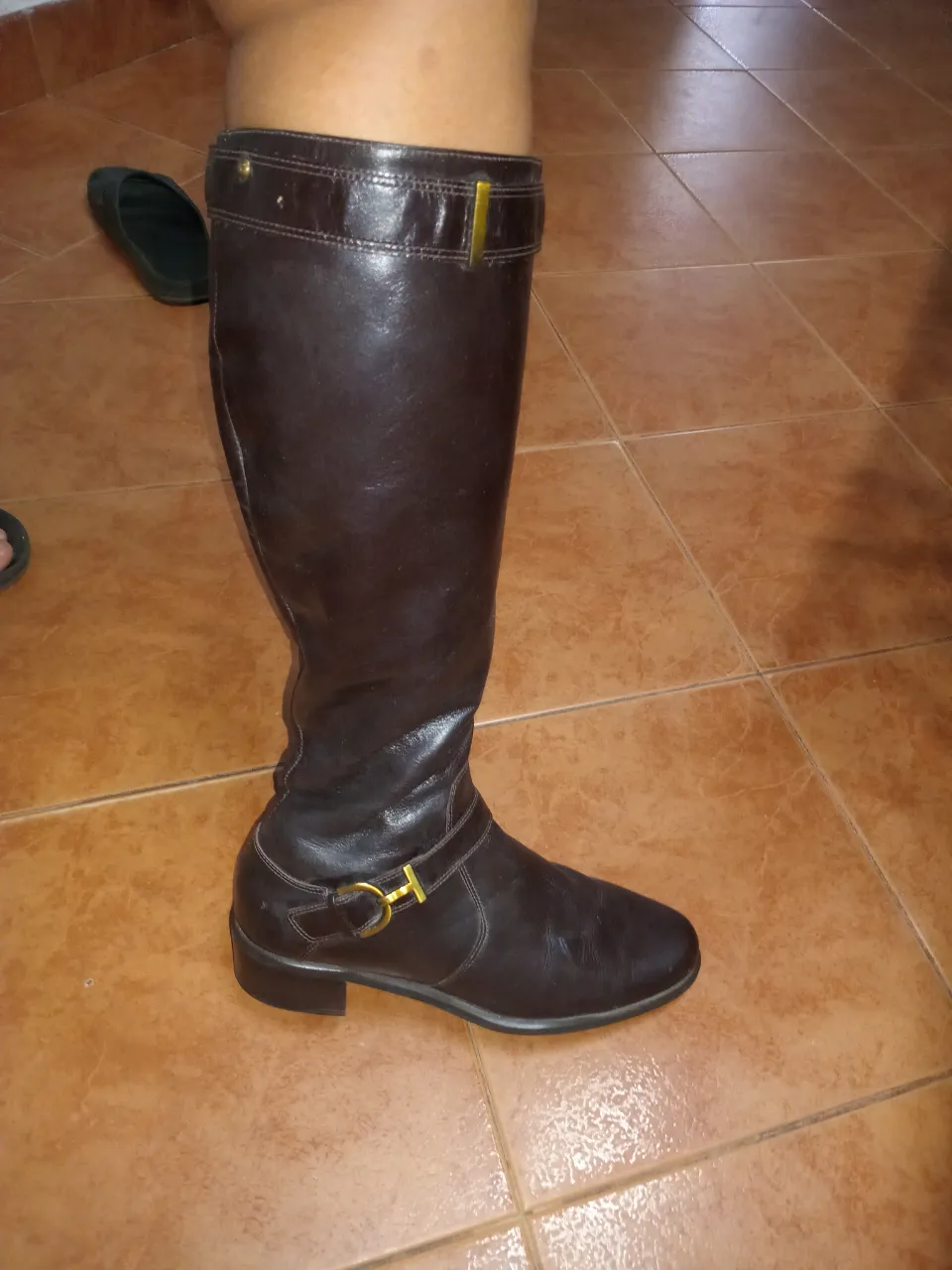 Bota de caña alta en cuero marrón, con detalle de hebilla en el lateral y cierre en la parte posterior. Suela de goma y taco bajo. Ideal para combinar con diferentes estilos.